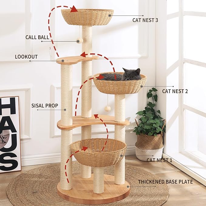 54" Modern Cat Tree Tower for Indoor Cats, Oak Cat Scratching Tree for Multiple Large Cats, Manual Hand Woven Luxury Cat Condo, Unique High-end Design Cat Furniture Activity Centre, Easy Clean