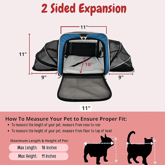 Airline Approved Expandable Premium Pet Carrier on Wheels- Two Sided Expandable Rolling Carrier- Designed for Dogs & Cats- Extra Spacious Soft Lined Carrier! (Blue)