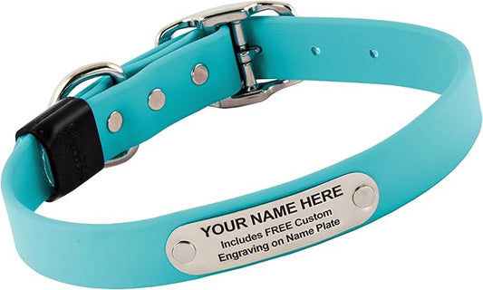 Biothane Custom Dog Collar – Waterproof, Stink-Proof Personalized Collar with Name & Phone Number – Durable, Many Sizes and Colors – Assembled in USA (Sky Blue)