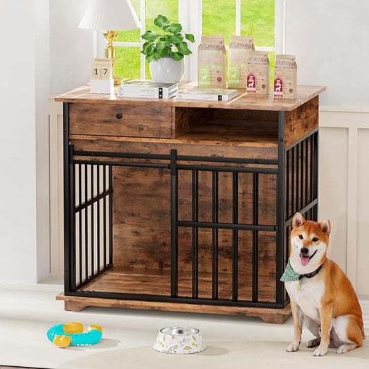 35.5" Dog Crate Furniture, Wooden Dog Crate Furniture for Medium Small Dogs, Wooden Dog Kennel End Table with Drawer and Open Shelves, Sliding Door Dog Kennel Furniture