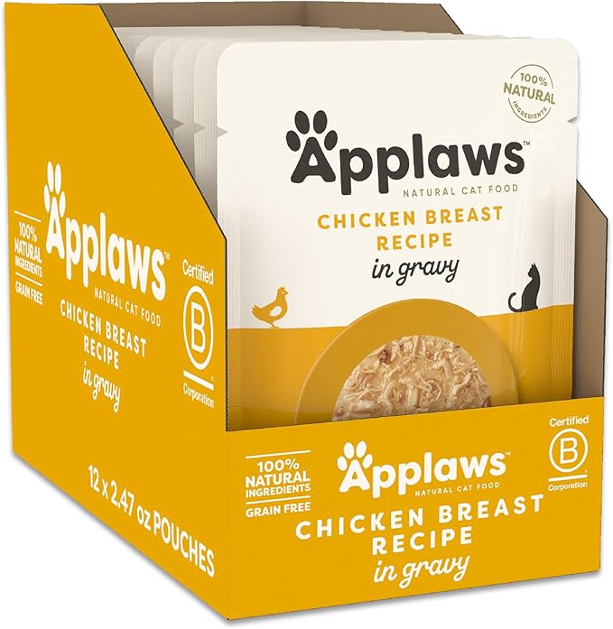 Applaws Natural Wet Cat Food in Gravy, Limited Ingredient Wet Cat Food Pouches, No Additives, Made with Natural Ingredients, Chicken Breast in Gravy (12 x 2.47oz Pouches)
