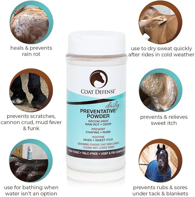 COAT DEFENSE Daily Preventative Powder for Horses - Safe & Effective Equine Skin Conditioner Sweet Itch, Skin Funk, & Rain Rot - Dry Horse Shampoo, 16 oz Formula with All Natural Ingredients