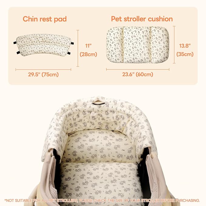 Dog Stroller Cushion & Mat, Pet Stroller Cushion for Dogs & Cats, 5-Level Waterproof & Removable Inner Core, Dog-Ergonomic 3-Zone Support, 4-inch Thickness (Flower Set)