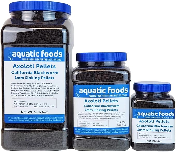 Aquatic Foods Inc. Axolotl Blackworm Pellets. 1mm-1/32 Sinking California Blackworm Micro Pellets for Baby Axolotl, Frogs, Shrimp, Salamanders, Newts, Snails…2-lbs 4oz Jar
