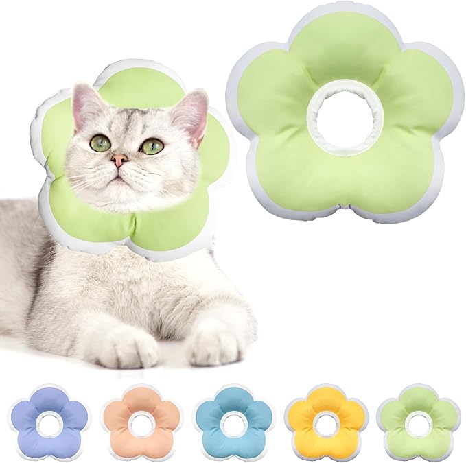 Cat Cone Collar Soft, Waterproof Cats Cones to Stop Licking After Surgery, Adjustable Soft Elizabeth Cats Collars for Wound Healing, Flower Shape Cat Recovery Collar (Green, Medium)