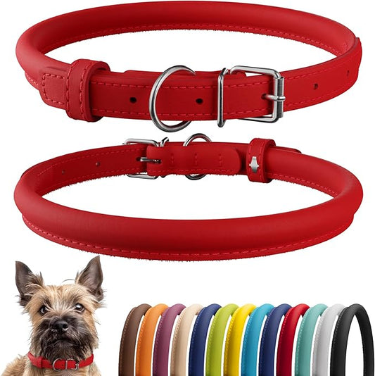 CollarDirect Rolled Leather Dog Collar, Soft Padded Round Puppy Collar, Handmade Genuine Leather Collar Dog Small Large Cat Collars 13 Colors (6-7 Inch, Red Smooth)