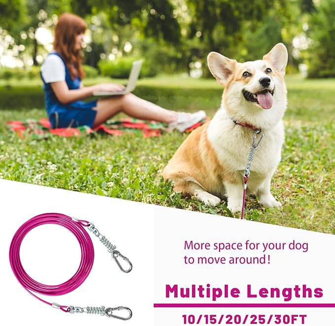 Dog Tie Out Cable 10/15/20/25/30FT Dog Run Cable Rosy Pink/Blue/Purple/Silver/Red/Green/YellowTie Out Cable for Large Dogs Heavy Duty for Outside Hold Large Dogs Up to 250LBS