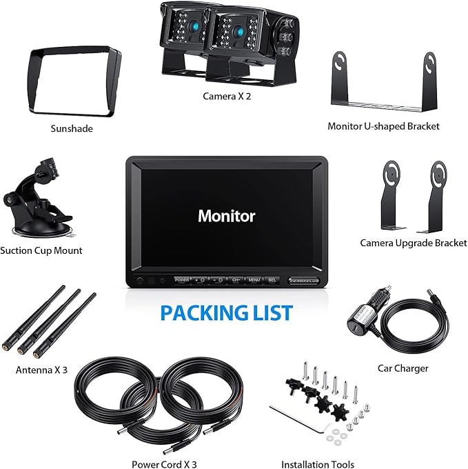 Digital Wireless Backup Camera System Kit, IP69K Waterproof Wireless 2 Rear View Camera + 7’’ LCD Dual Split Monitor for RV/Truck/Bus/Camper/Trailer (WX02)