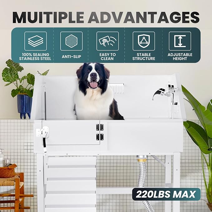 Dog Washing Station for Home, 38" White Professional Stainless Steel Dog Grooming Tub, Height Adjustable Dog Bathing Station, Upgrade Parts, Dog Bath Tubs for Small & Medium Dogs(Left Ramp)