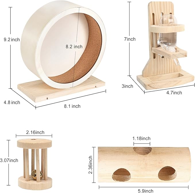 antiai 4 Pack Hamster Wheel Set,8.2Inch Medium Size Slience Quiet Spinner Hamster Running Wheels,Hamster Water Feeder Accessories Chew Toys for Guinea Pig,Gerbils,Mice and Other Small Pets Animal