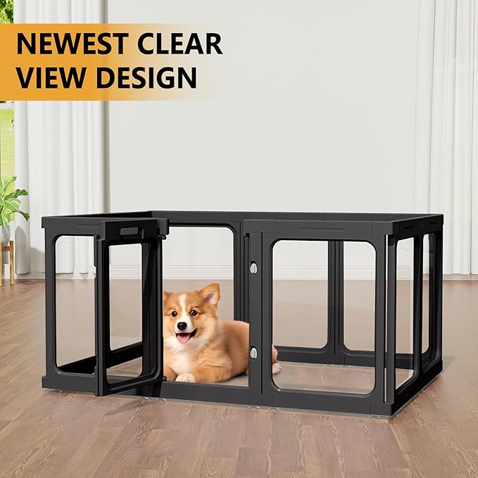 Clear Acrylic Dog Playpen with Door, for Puppy Cat Rabbit Transparent Pet Pen, Black Dog Playpen Indoor, Dog Fence, Easy Assemble & Cleaning Dog Pen for Small & Medium Dogs (23.6“ Height, 14PCS)