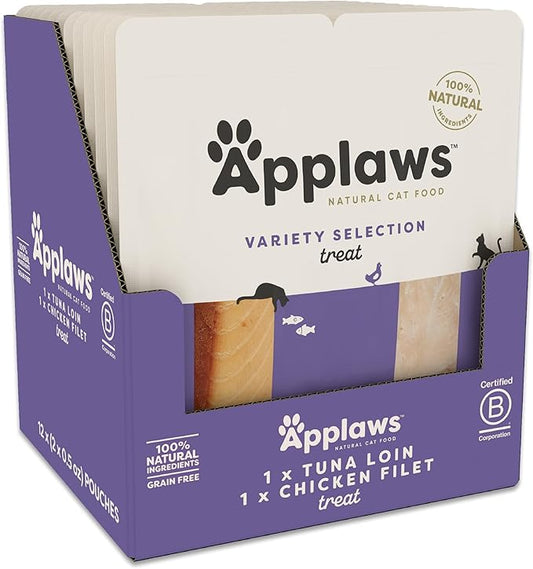 Applaws Natural Cat Treats, Grain-Free, High-Protein Whole Chicken & Tuna Loins, Single-Ingredient Healthy Snack for Cats (12 x 1.06 oz Loins)