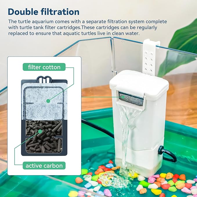 Aquatic Turtle Tank Habitat Kit Stone+Filter+Heat Lamp Enhancing Interaction with 360° Viewing, Standalone Filtration, DIY Creative Zone, Enriched Living (Green, XL[Without Light])