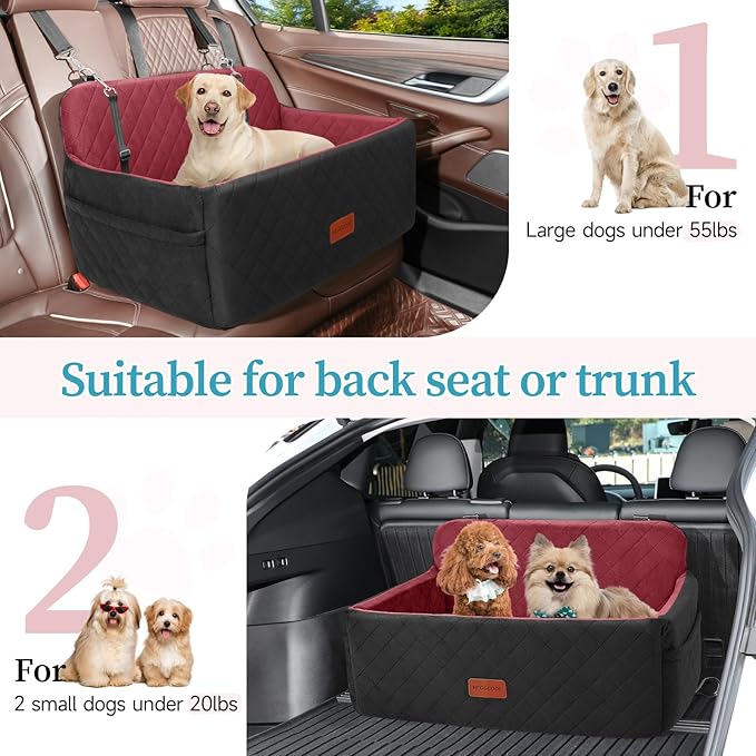 Dog Car Seat for Medium/Large Dogs, Pet Booster Seat for Under 55 lbs or 2 Small Dogs, Detachable & Washable Dog Car Bed for Backseat with 2 Safety Leashes (Blcak/red)