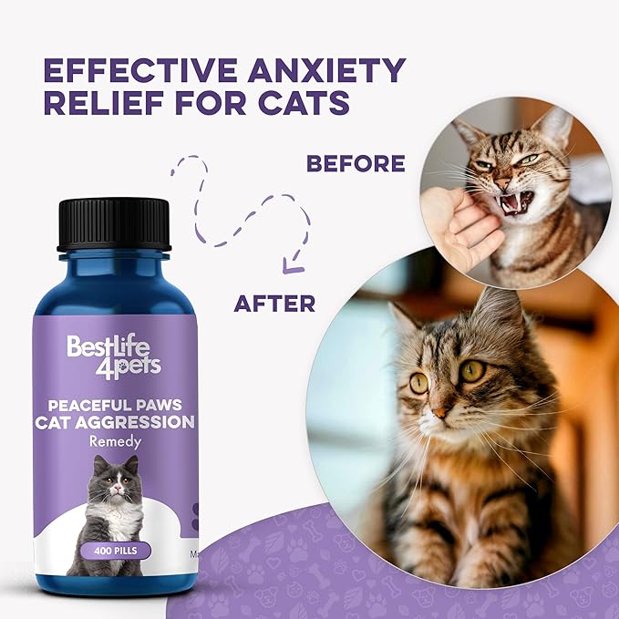 Anti Aggression for Cats Calming Remedy, A Natural Diffuser and Cat Calming Aid for Stress, Spiteful Spraying, Scratching & Territorial Behavior, Non-Drowsy, 400 Odorless, Tasteless Pills