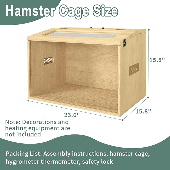 24" Hamster Cage, Top Opening Lockable Roof Door Gerbil Cage, Dwarf Hamster Cage with Hygrometer, Mice and Small Animal Habitat, Chewproof Syrian Hamster Enclosure, (Wooden, 24" L x 16" W x 16" H)