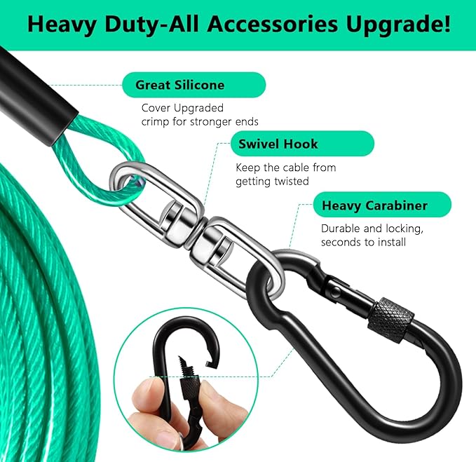 Dog Tie Out Cable 50FT-500Lbs,Heavy Duty Dog Leads Line for Yard with Swivel Hook,Medium Large Dogs Leash&Chains for Outside,Rust Chew Proof Dogs Run Cable for Outdoor Camping(Green Cyan, 50FT)
