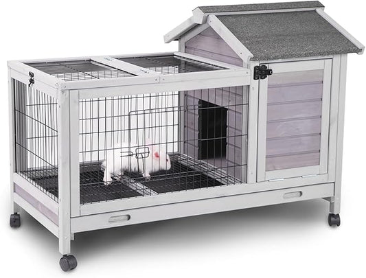 Aivituvin Wooden Rabbit Hutch with Removable Wire Floor Grid, Bunny Cage with Deeper Leakproof Tray 4 Wheels Include