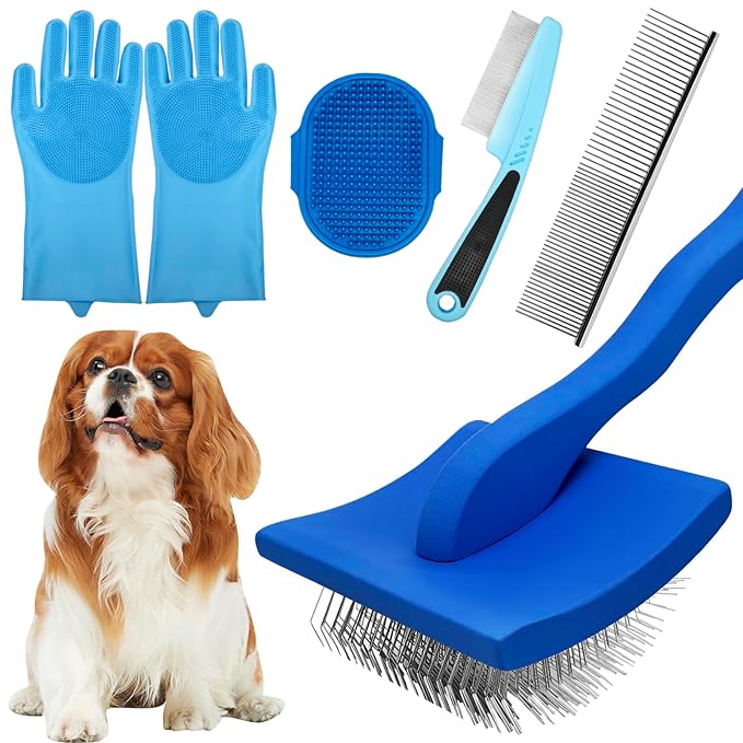 Dog Grooming Brush Set – 5-Piece Kit for Medium & Long-Haired Dogs | Includes Long Pin Brush, Flea Comb, Bath Glove, Silicone Glove, Metal Comb | For Poodles, Huskies & More (Blue)