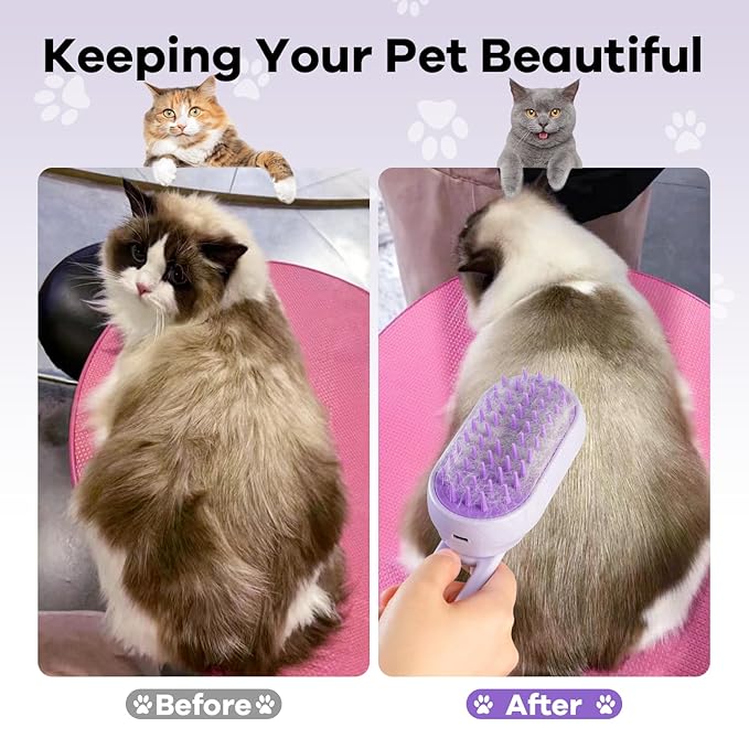 Cat Steam Brush for Shedding, 4 in 1 Rechargeable Steam Brush for Cats and Dogs, Anti-Static, Massage, Cleaning, Shedding & Combing All In One! (purple)
