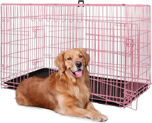 BestPet | Dog Crate | 48" | Pink | Foldable Metal Kennel with Double Doors, Secure Slide-Bolt Latches, Leakproof Tray | Portable Dog Cage for Large Breeds | for Travel, Indoor & Outdoor Use