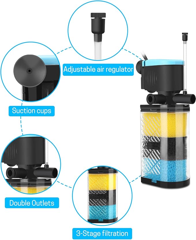 AquaMiracle Aquarium Filter 3-Stage in-Tank Filter Internal Fish Tank Filter Turtle Filter for 10-40 Gallon Fish Tanks with Dual Water Outlet & Aeration