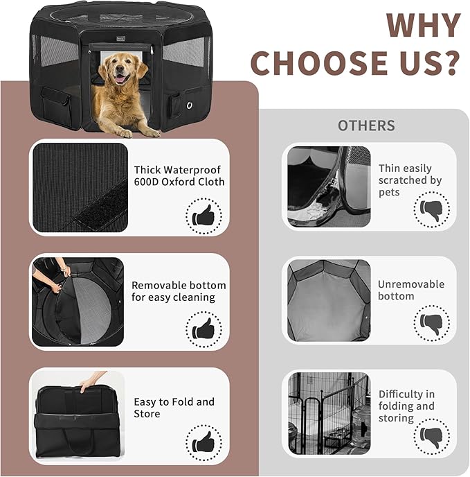 DONORO Dog Playpen Portable Pet Play Pens for Small Dog/Cat/Rabbit/Chicks, Cat Playpen Indoor/Outdoor with Carring Case, Removable Zipper Top and Bottom (Black, Small (29"x29"x15"), 8)