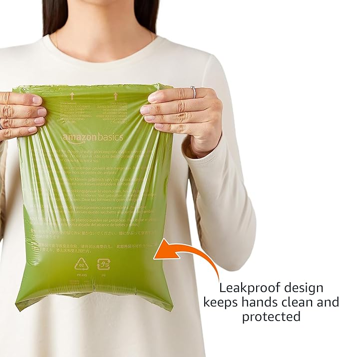 Amazon Basics Dog Poop Bags with Dispenser, 540 Count, Enhanced for Guaranteed Leakproof, Cucumber Scented, Includes Leash Clip