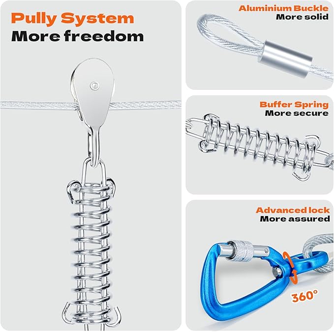 50ft Dog Runner for Yard Large Dog Heavy Duty with Double Shock Absorbers Tangle-Free Aerial Trolley System for Large Dogs Up to 250lbs (Silver)