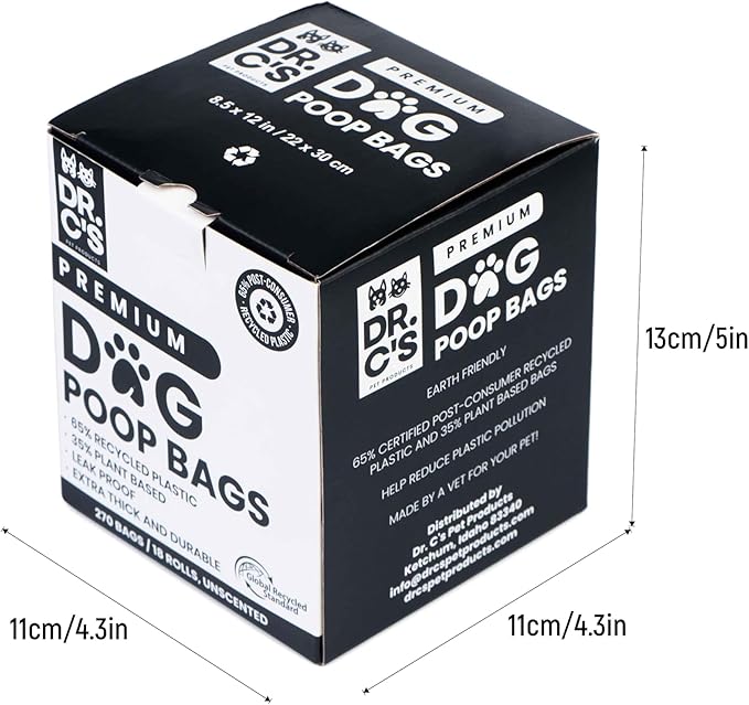 Certified 65% PCR (Post Consumer Recycled) Plastic and 35% Plant Based Dog Poop Bags - Dr. C's Premium Dog Poop Bags - 270 Bags / 18 Rolls, Extra thick, Leak Proof, Unscented, Earth Friendly