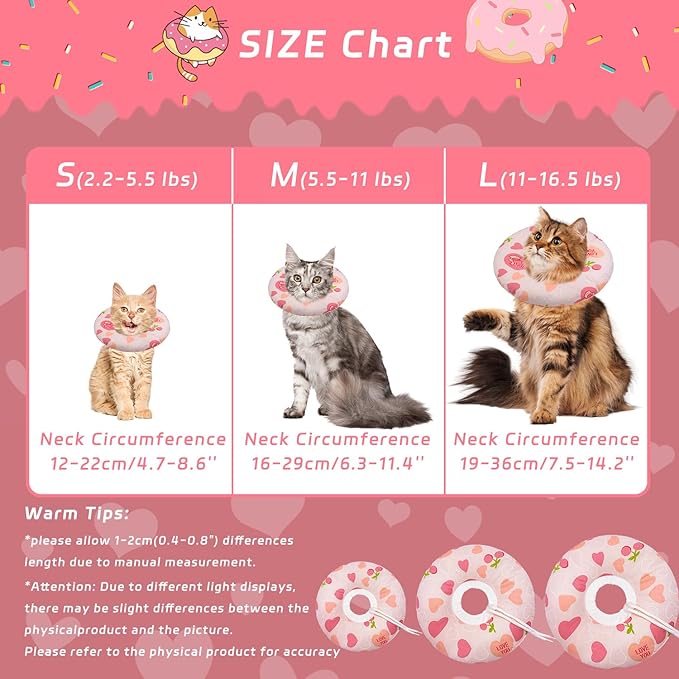 Cat Cone Soft Collar, Adjustable Cat Recovery Collar for Small Medium Large Cats, Cute Donut E Collar After Surgery, Anti-Lick Wound Healing Elizabethan Collar for Kittens (Pink Heart, Large)