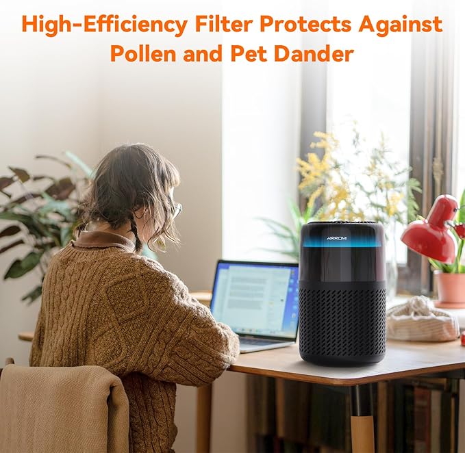 AIRROMI Air Purifier for Bedroom Home,HEPA Filter,Covers Upto 549 Ft²,Quiet 360°intake Air Cleaner with Fragrance ponge for Better Sleep,Night Light,Filters Smoke,Pet Dander,Allergies,Dust,A2005 Black