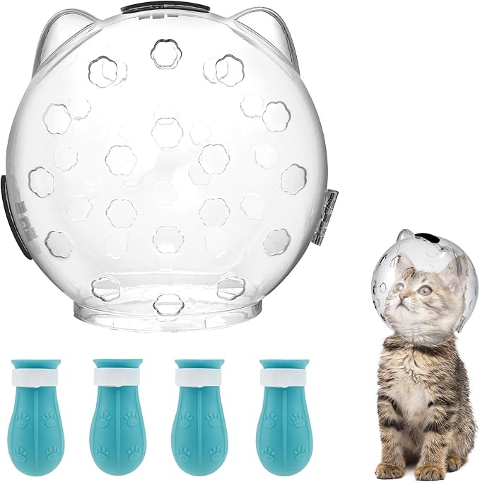 Cat Muzzle, Cat Mouth Cover for Grooming with 4 Silicone Paw Shoes, Cat Anti Bite Helmet, Silicone Claw Covers, Cat Breathable Hood for Cats Bathing Shaving Nail Trimming (Small)