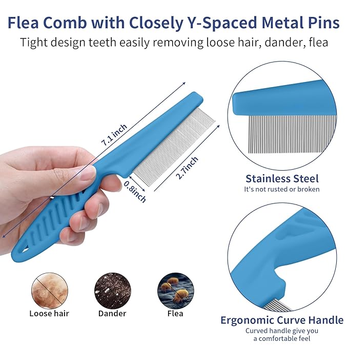 5 in 1 Dog Grooming Kit - Self-Cleaning Slicker Brush for Shedding Short Long Haired Dogs & Cats, Includes Pet Comb, Flea Comb, Bath Brush, Undercoat Rake - Complete Fur Care Set - Blue