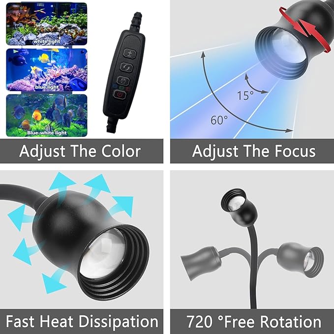 Aquarium Focus Light for Open Fish Tank Indoor LED Light Big Clip Lamp Adjustable Focus (White-Blue with Timer)