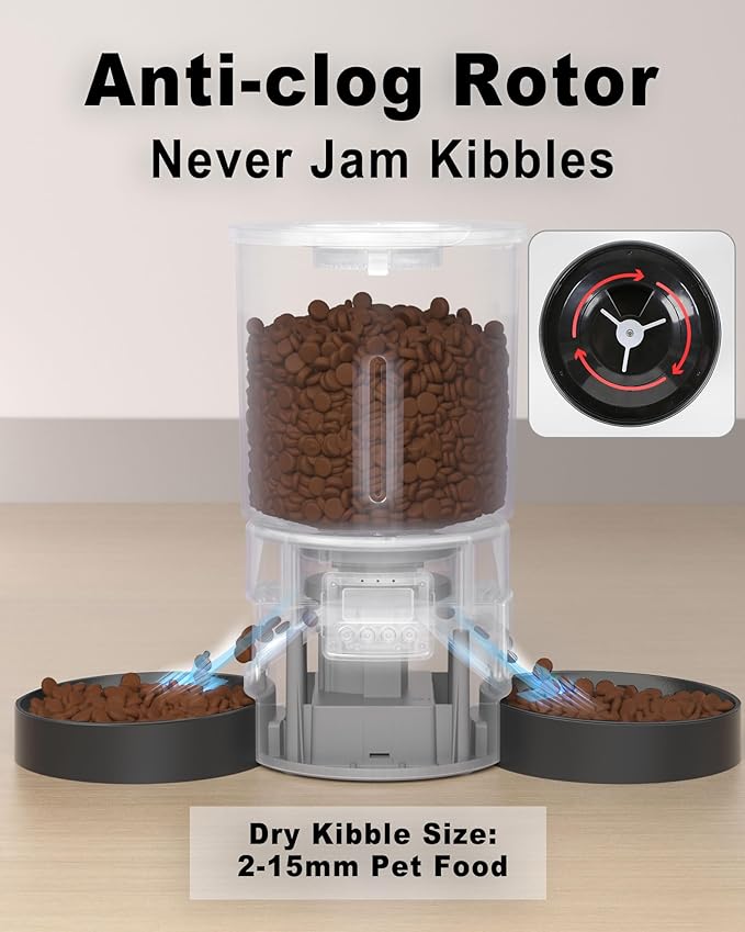 Automatic Dual Cats Feeder for 2 Cats,6 Meals/Day,12 Portions/Meal,Dual Power Auto Pet Feeder Dry Food Dispenser,Flexible Schedule Timer 10S Voice Record (Black, ABS Dual Bowls)