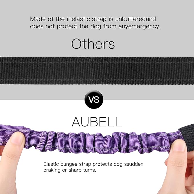 AUBELL Dog Seat Belt for Car,2 Pack Set 3-in-1 Adjustable Reflective Bungee Heavy Duty Dog Car Harness Tether with Clip Hook Latch & Buckle,Swivel Zinc Alloy Carabiner,Black+Purple