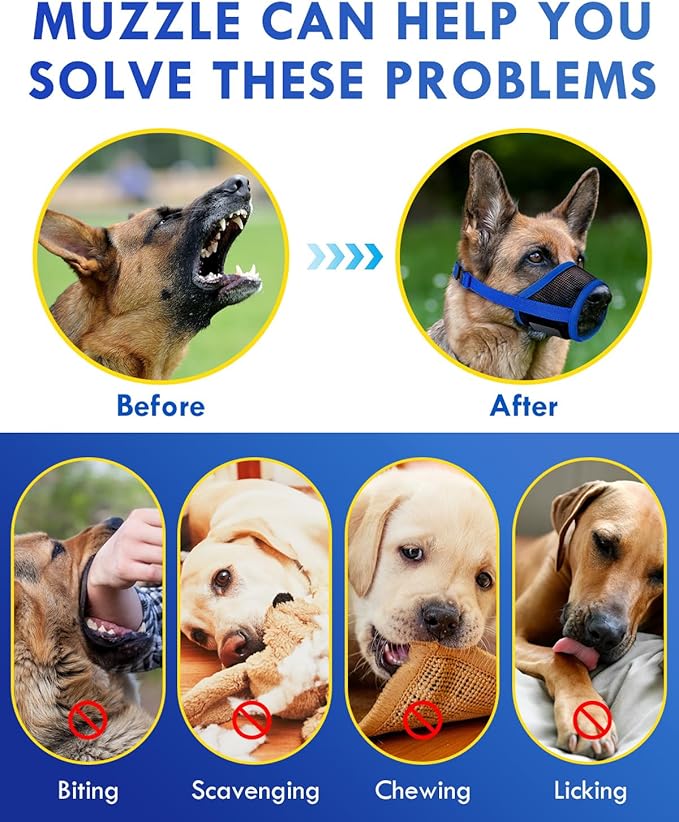 Dog Muzzle, Soft Air Mesh Muzzle for Small Medium Large Dogs Anti Biting Barking Chewing, Breathable Drinkable Adjustable Loop Pets Muzzle for German Shepherd Husky Labrador Retriever (Blue,XL)