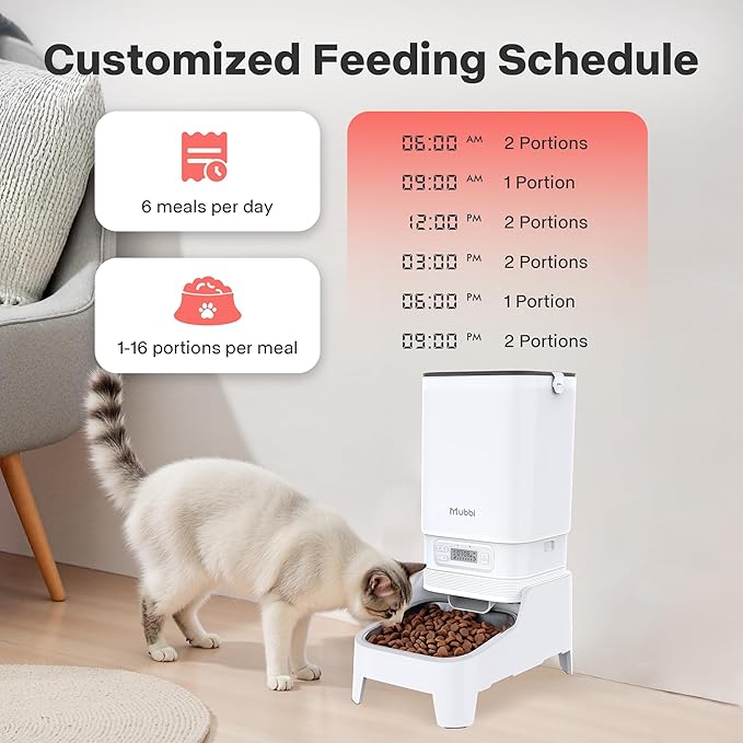 Automatic Cat Feeders, 7L/29 Cups Automatic Dog Feeder, Cat Food Dispenser, No-Jam Rotor, Up to 6 Meals for 2-15 mm Dry Food, with Elevated Stand, Stainless Steel Bowl