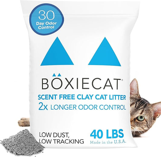 Boxie® Unscented 30 Day Odour Control Clumping Clay Cat & Kitty Litter 40 lb, 99.9% Dust-Free, Hard Flat Top® Clumps, No Fragrances No Fillers, Long-Lasting, Easy to Scoop