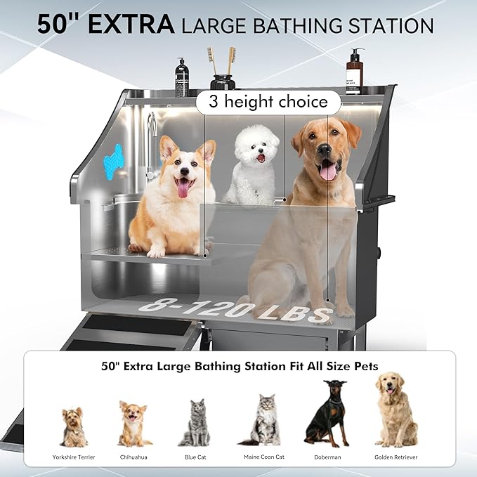 50'' Dog Washing Station - 304 Stainless Steel, LED Dog Bathing Station with Ramp, 2 Drawer, Floor Grate & Lick Pad for Large, Medium & Small Dogs