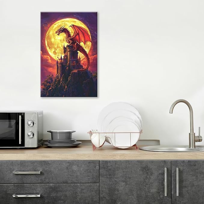 Dragon Bathroom Pictures Wall Art, Red Dragon Castle Bathroom Wall Decor, Framed Painting Canvas Artwork for Bedroom Living Room Decorations 24"L x 16"W