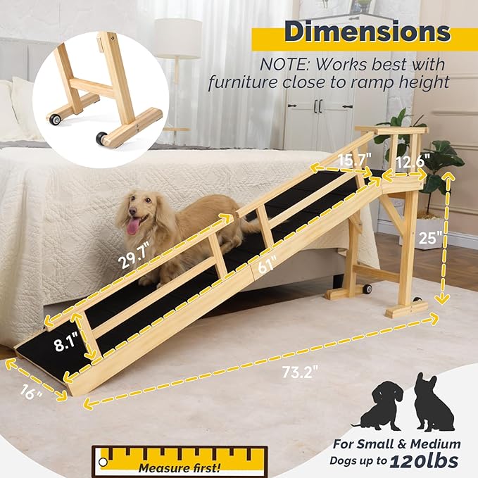 Dog Ramp for Bed or Couch, Wooden Pet Ramp with 20° Gentle Slope, Removable Side Rails, Non-Slip Surface, Top Platform & Wheels, Safe Bed Ramp for Small, Medium & Senior Dogs, 74" Long, Natural