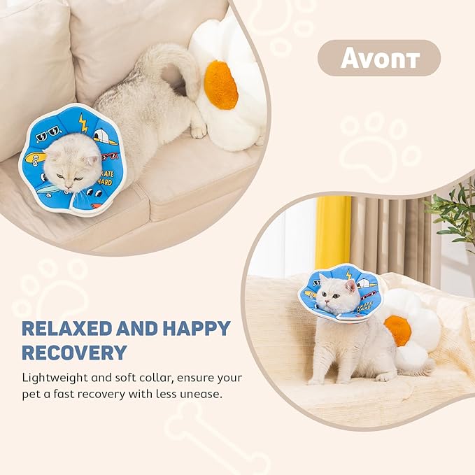 Avont Soft Cat Recovery Cone Collar, Adjustable Lightweight Kitten E-Collar for Small Dogs, Comfortable Neck Donut Stop Licking Scratching After Surgery -Skate(XS)