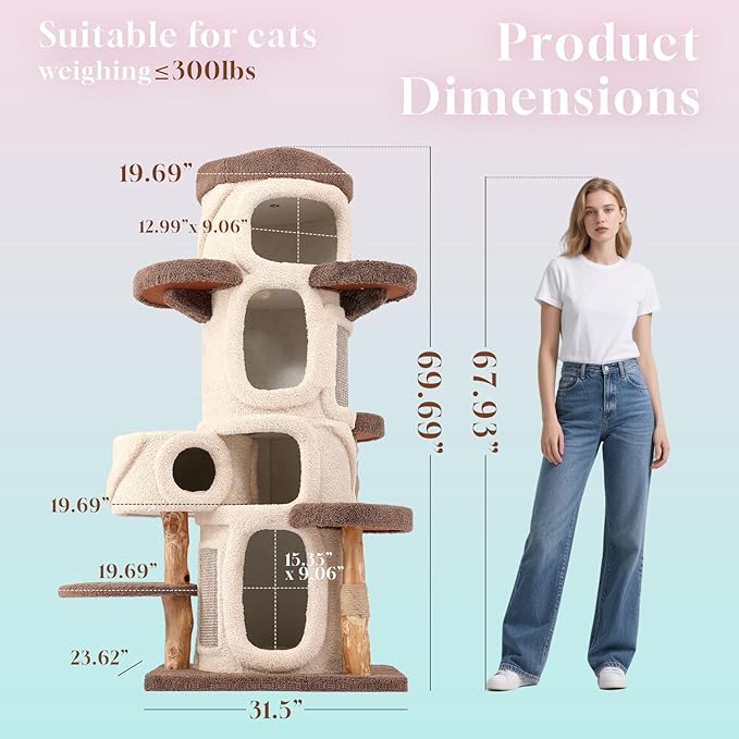 70" Heavy Duty Cat Tree for Large Cats with Toys, All-in-One Cat Tower with Cat Perch, Tall Cat Tower with Scratching Post, Brown Modern Cat House