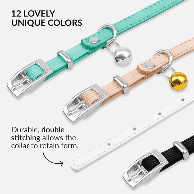 CollarDirect Leather Cat Collar with Bell - Kitten Collar, Small and Big Cat Collar for Boy Cats, Girl Cats with Safety Elastic Strap (Neck Fit 6"-7", White)