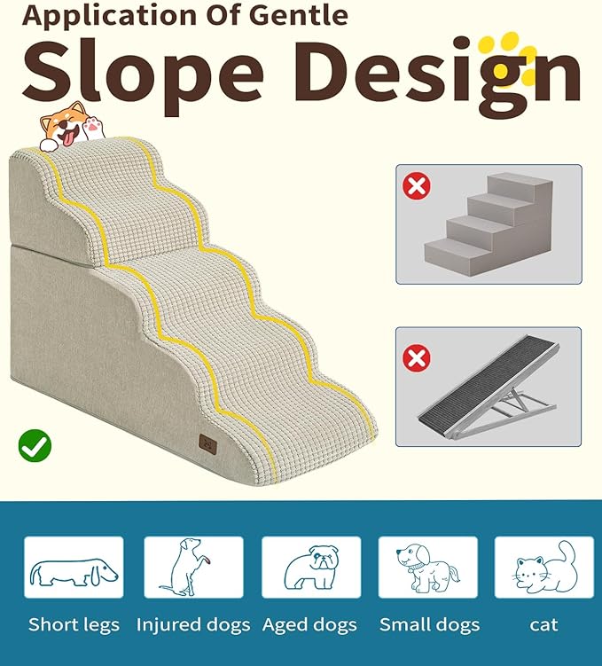 Dog Step for Bed, Dog Stair 5-Step 35D Pet Stair 19.7" H for High Bed or Sofa Non-Slip Balanced Pet Step Indoor, Beige