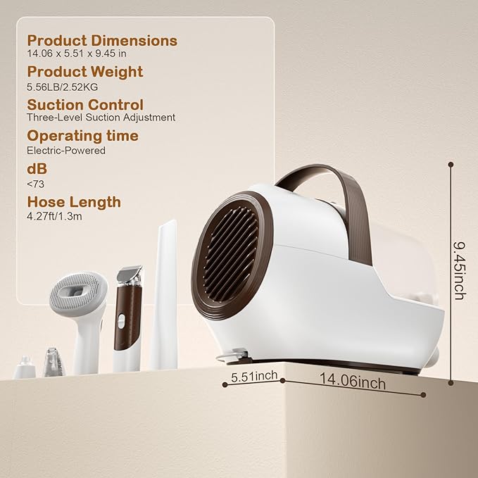 Dog Grooming Vacuum, Dog Grooming Kit with Pet Clipper Nail Grinder, 3 Suction Modes Dog Brush Vacuum with 6 Pet Grooming Tools (Brown)