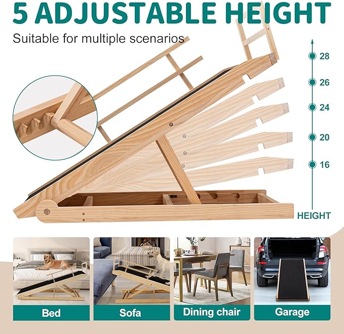 Dog Ramp for Bed, Adjustable Pet Ramps for Dog to Get on Bed, Non-Slip Rubber Surface - Folding Wooden Dog Ramp for Small/Large/Old Dogs, Adjustable up to 27.5 inch High Beds, Safety Railings