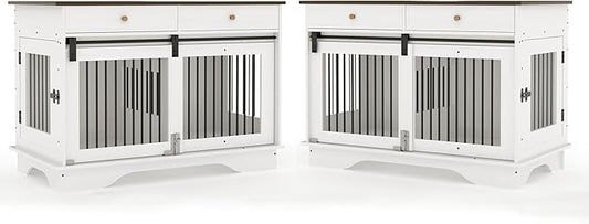 Dog Furniture Crate, 47" Large Dog Crate Furniture w/ 2 Storage Draws & Removable Divider for Large/Medium/Small Dogs (White, Double Cage)